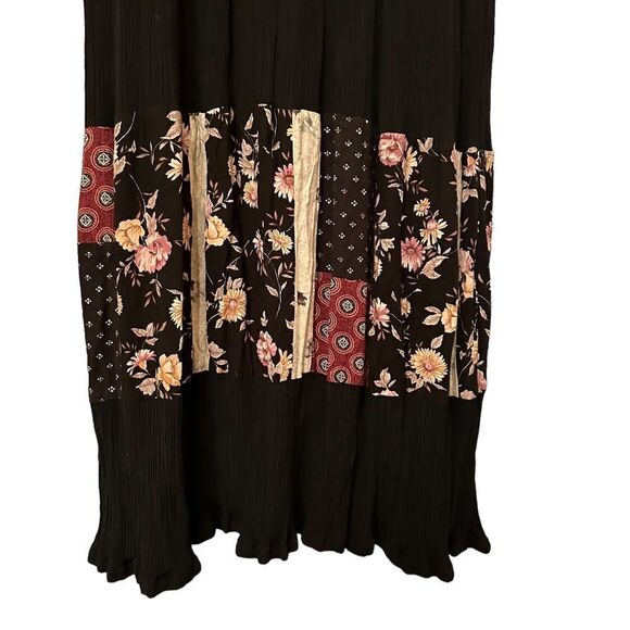 Vintage Black Modest Boho Floral Patches Long Sleeved Maxi Casual Hippie Dress - Picture 7 of 11